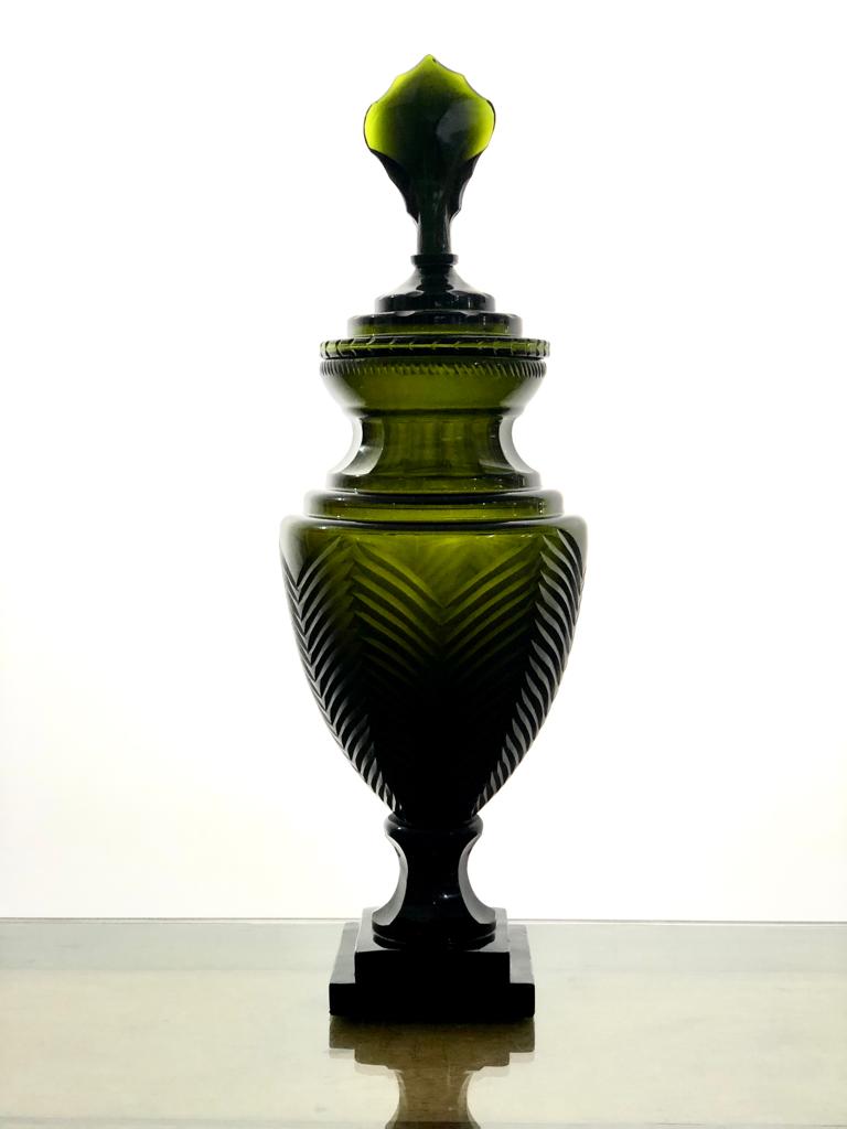 Hand cut glass Urn Teel Pine Green Small