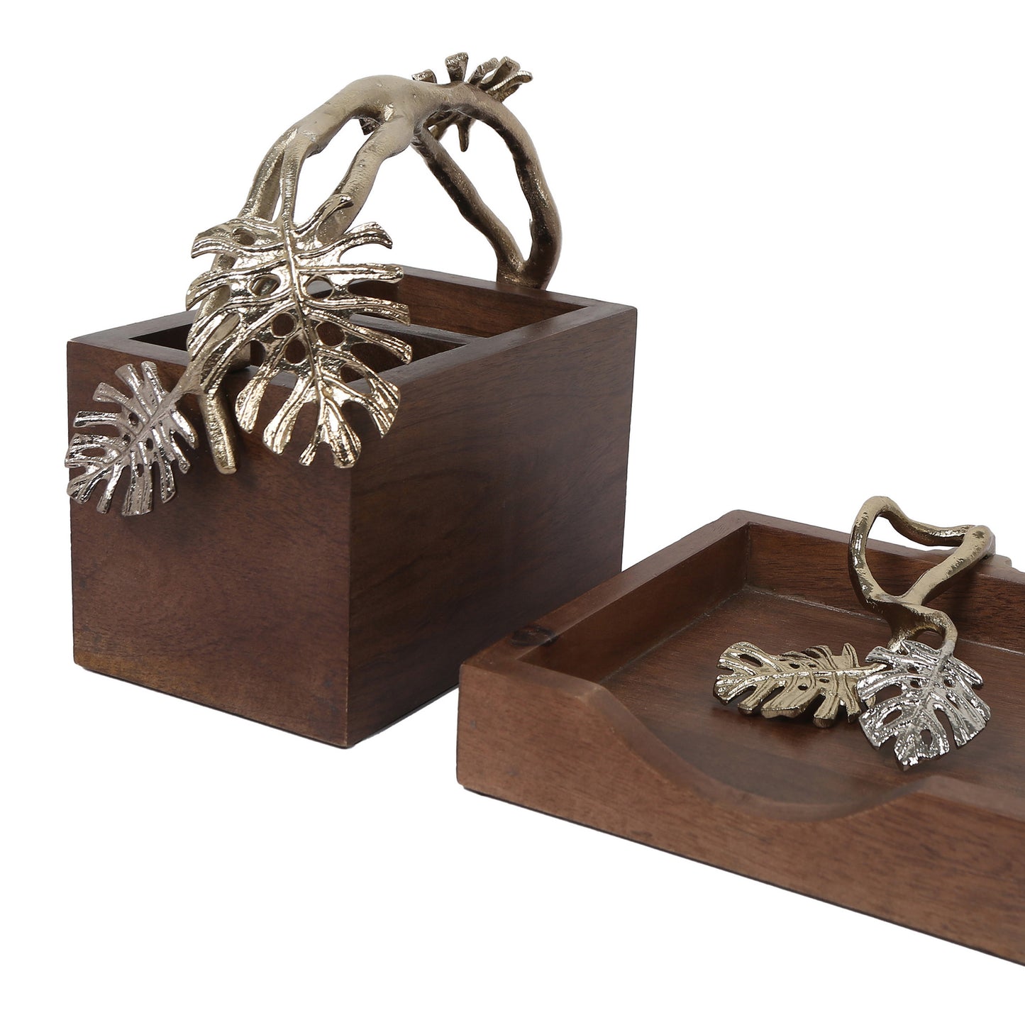 Hand Made Montera Leaf Brown Tissue And Cutlery Holder