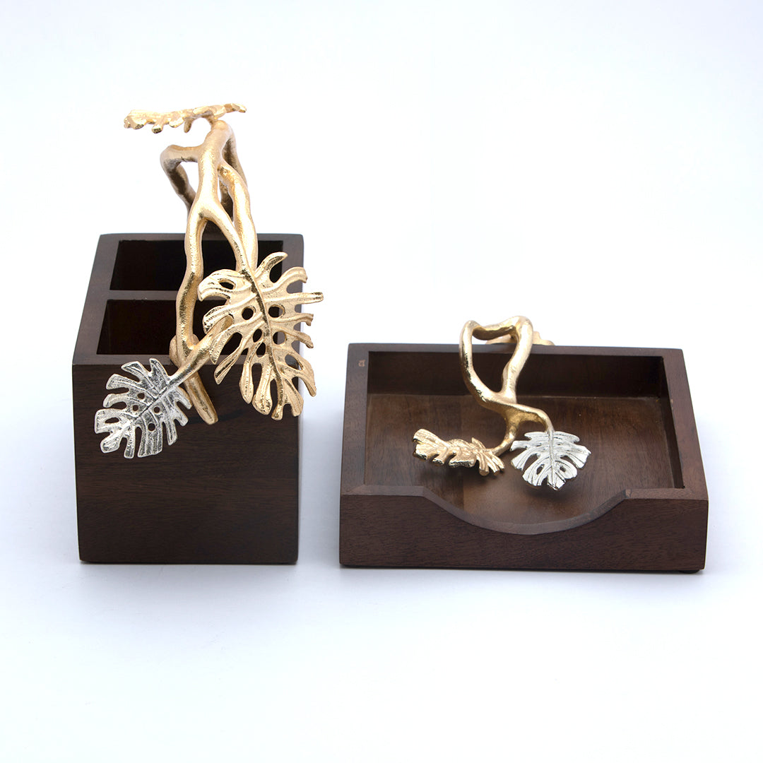 Monstara wooden cutlery & tissue holder set