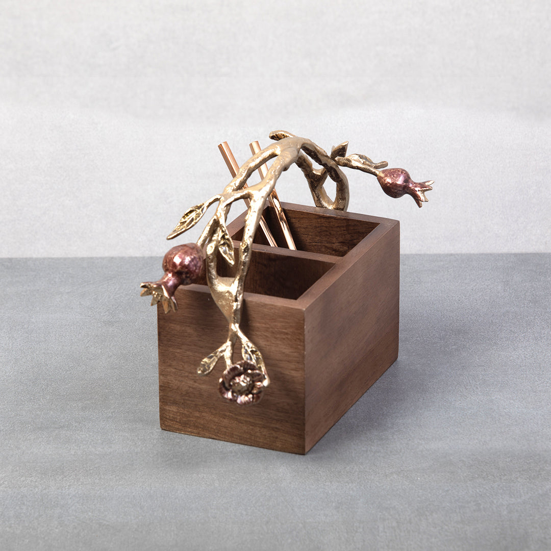 Pomegranate wooden cutlery & tissue holder set