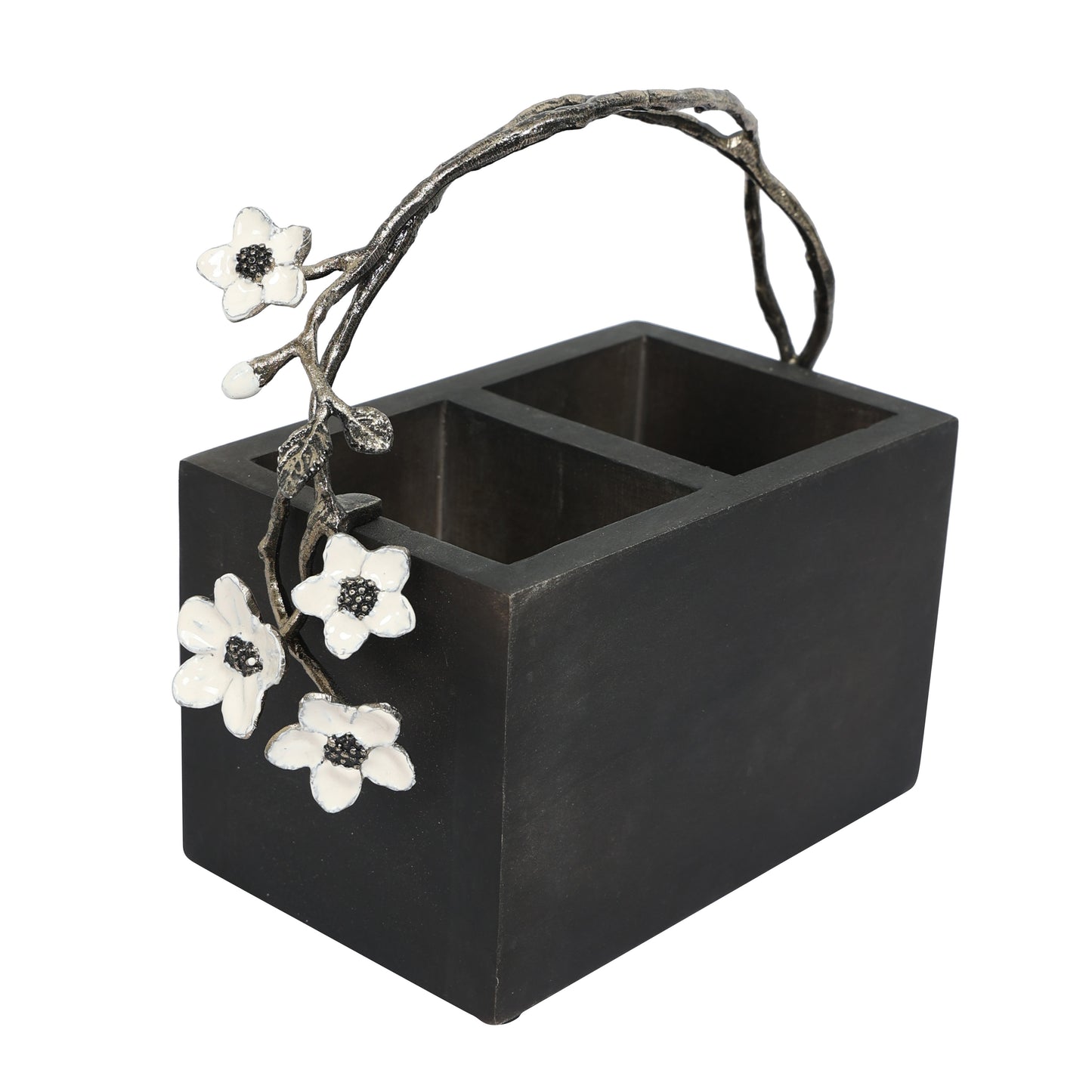 White floral grey wooden cutlery holder