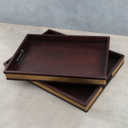  Brass Strip Hand Made Wooden Tray Set Of 3 