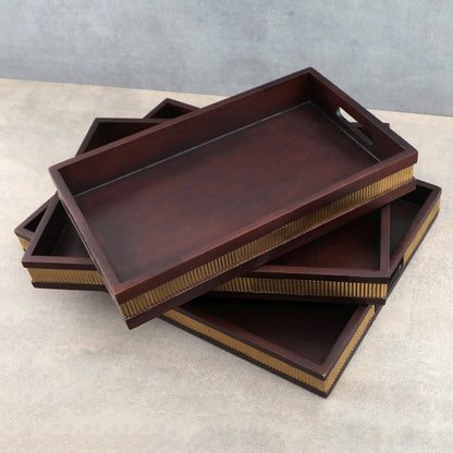  Brass Strip Hand Made Wooden Tray Set Of 3 