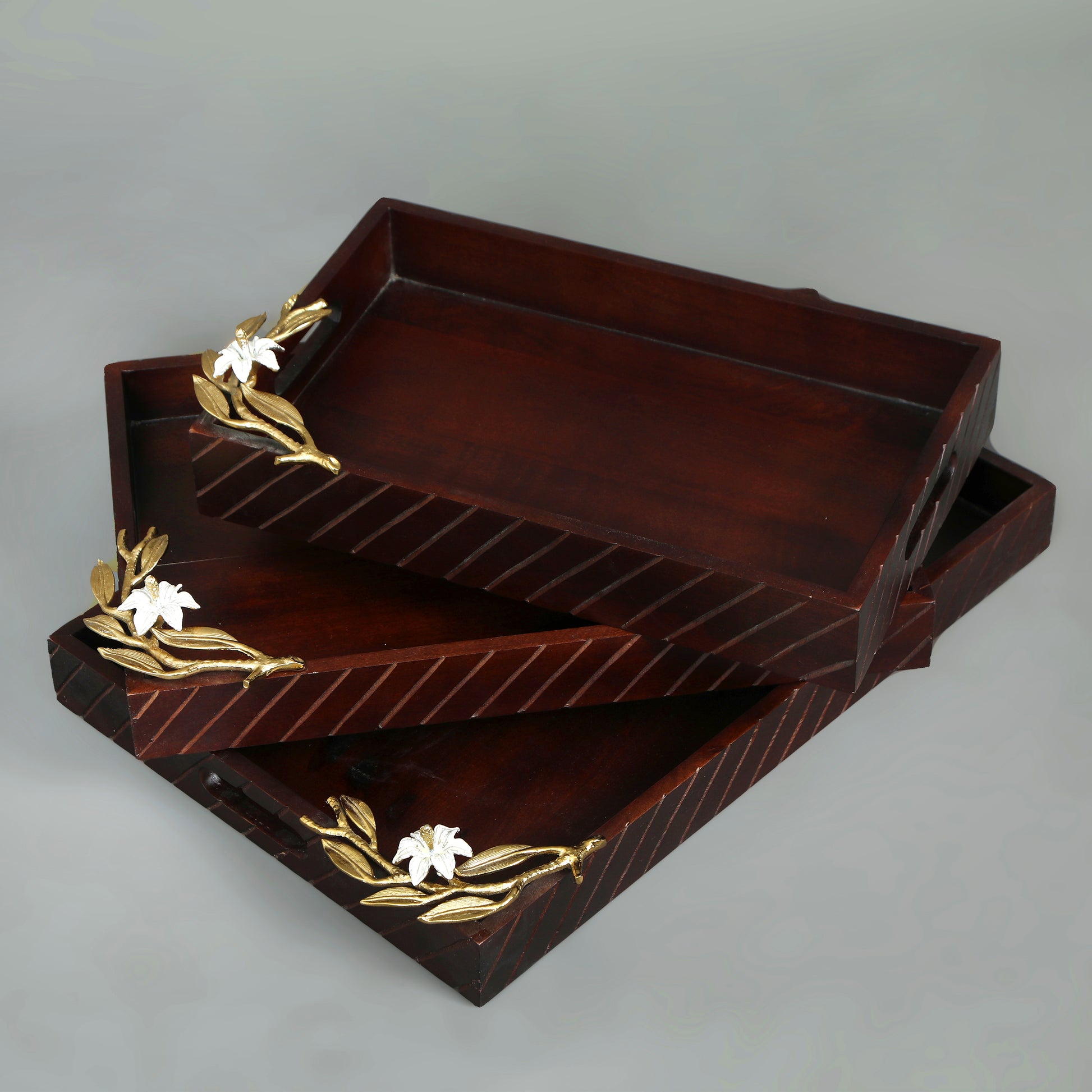  Lily Hand Made Wooden Tray Set Of 3 