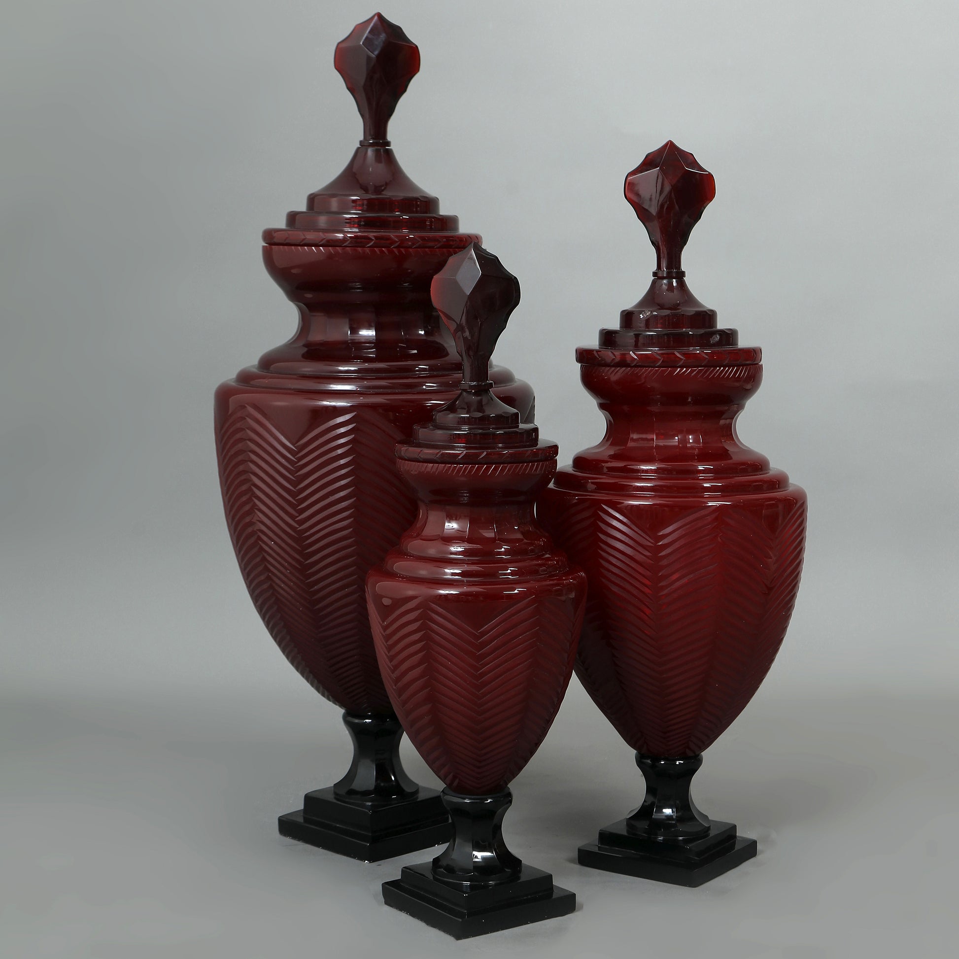 Hand Cut Glass Urn Sets Of Three