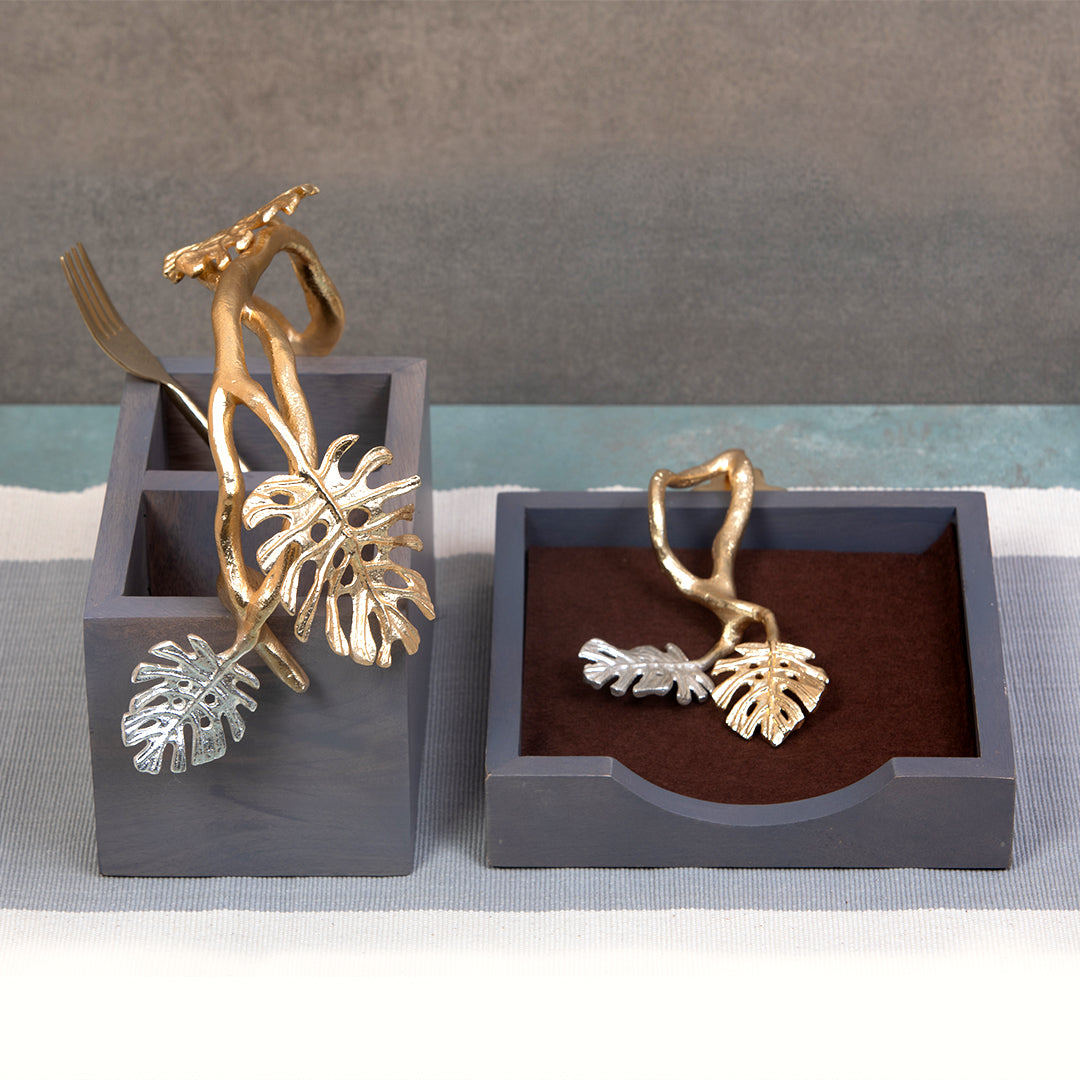 Monstara grey wooden cutlery & tissue holder set