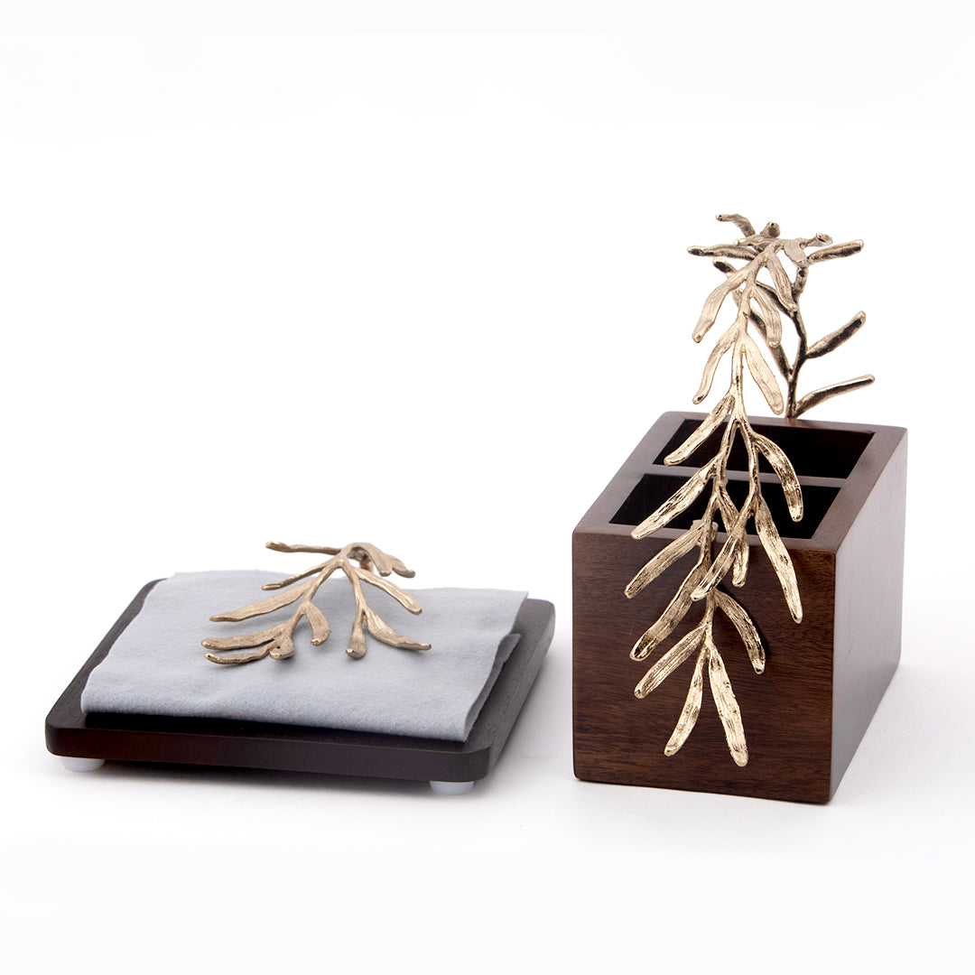 Palm leaf wooden cutlery & tissue holder set