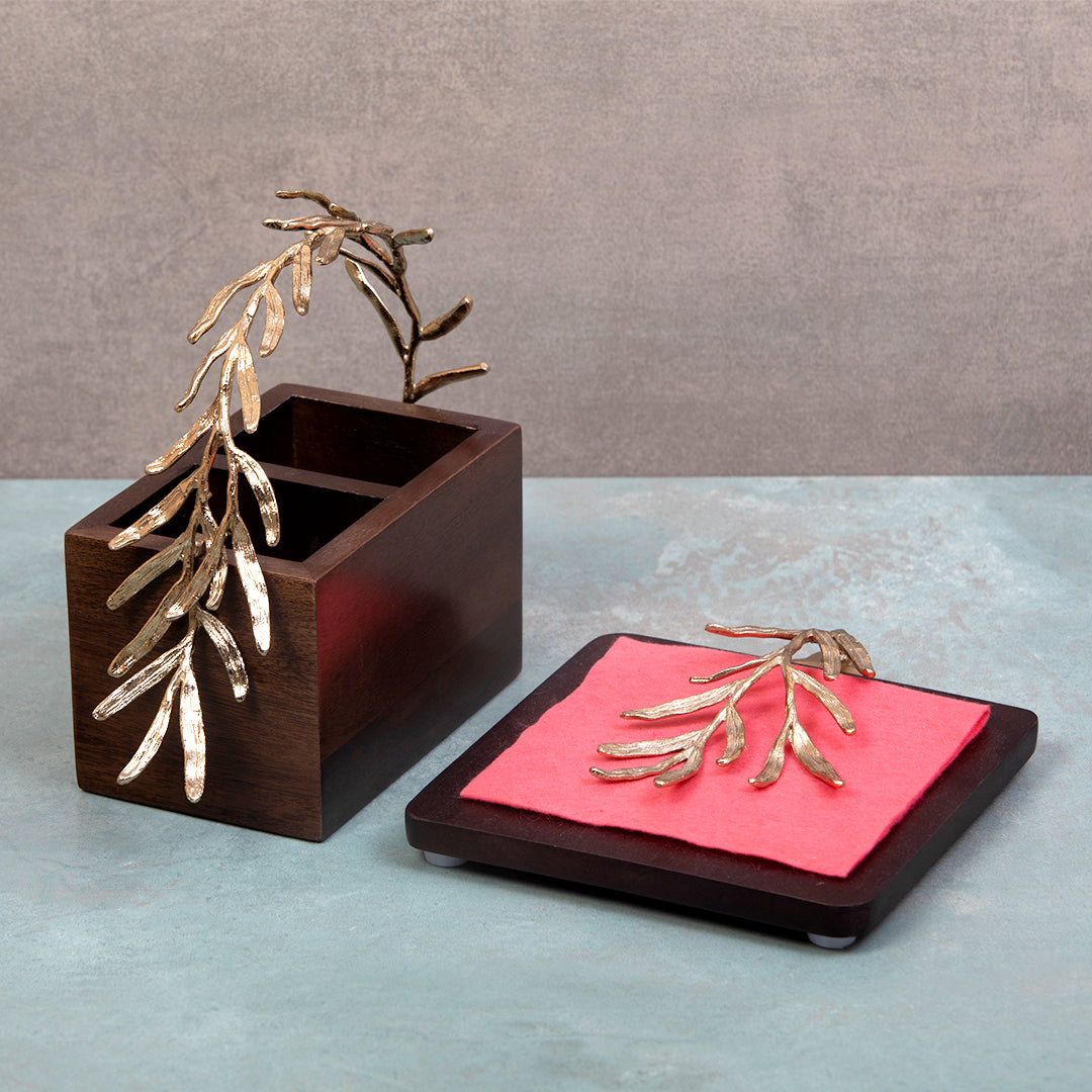Palm leaf wooden cutlery & tissue holder set
