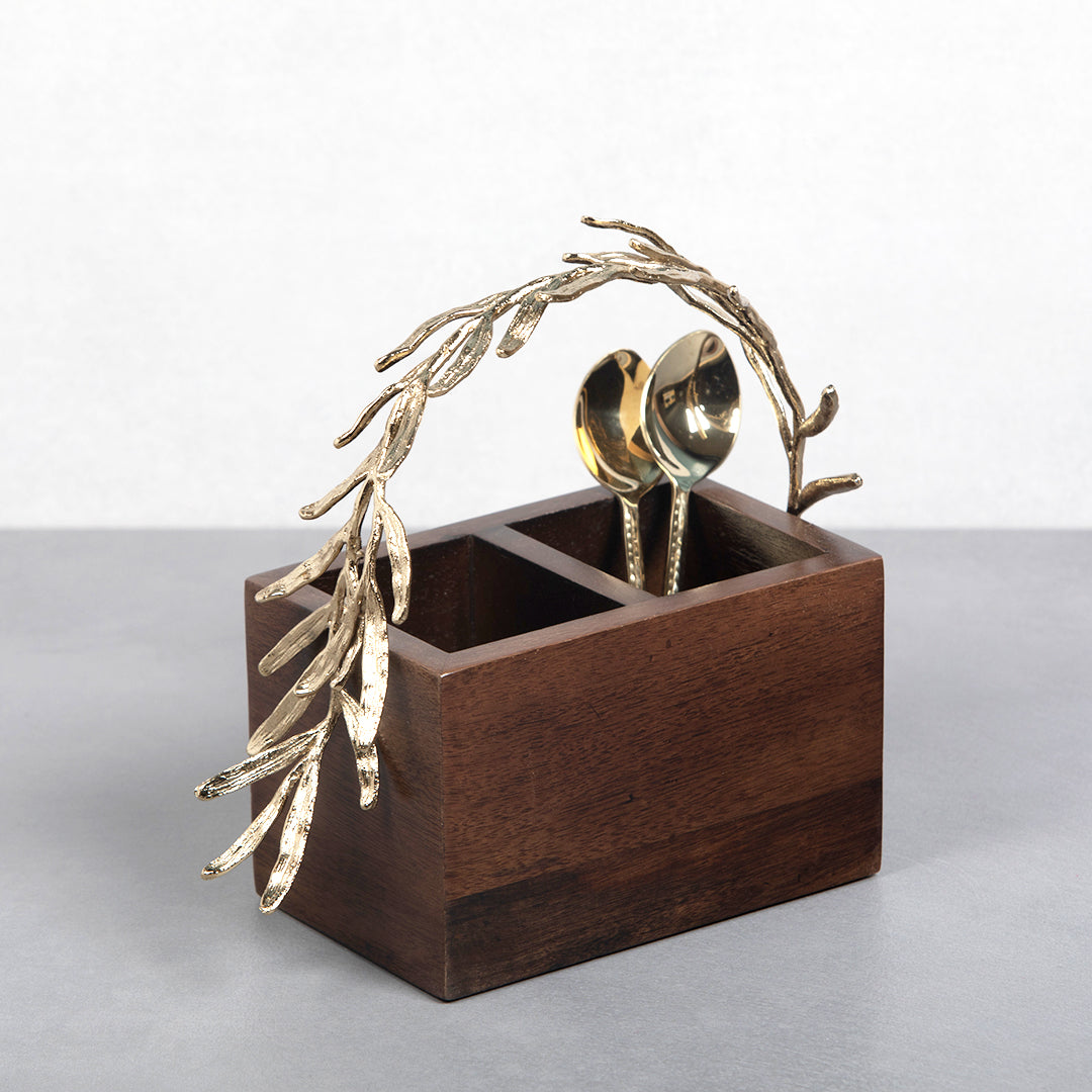 Palm leaf wooden cutlery & tissue holder set