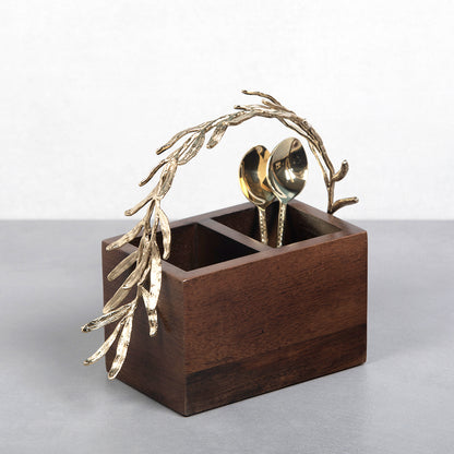 Palm leaf wooden cutlery & tissue holder set