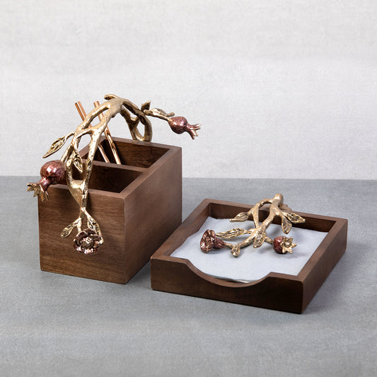 Pomegranate wooden cutlery & tissue holder set