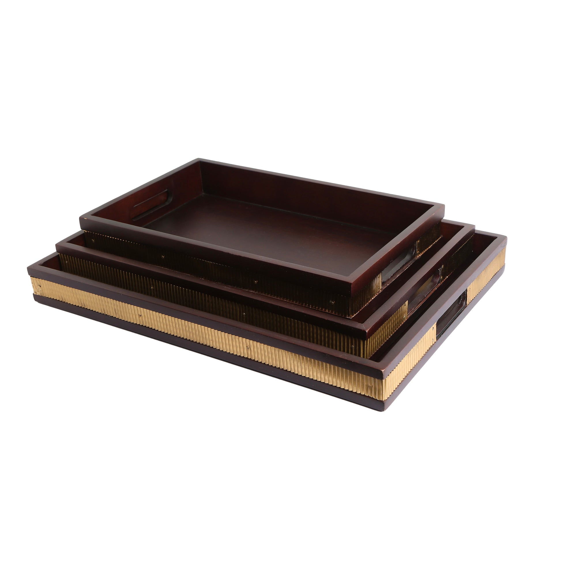  Brass Strip Hand Made Wooden Tray Set Of 3 
