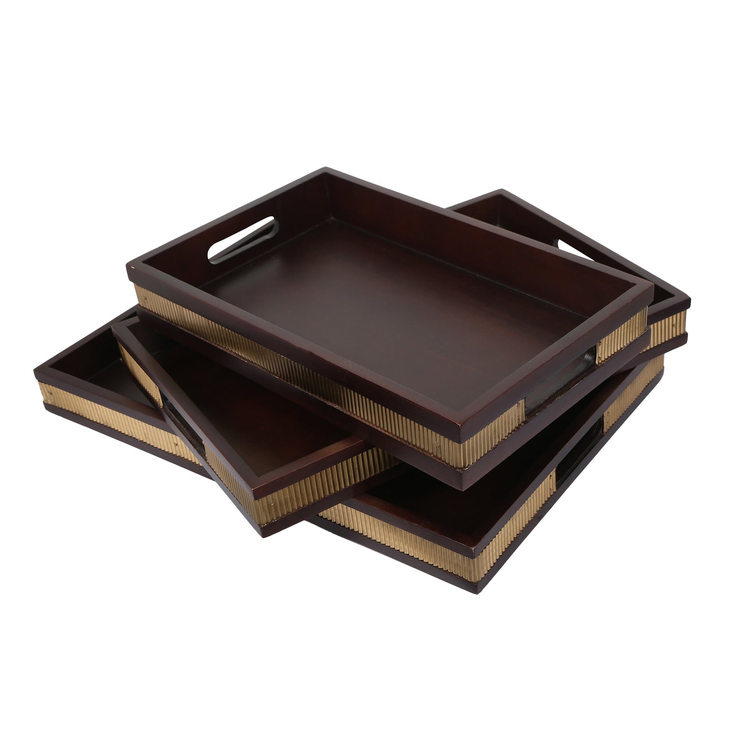  Brass Strip Hand Made Wooden Tray Set Of 3 