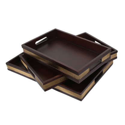  Brass Strip Hand Made Wooden Tray Set Of 3 