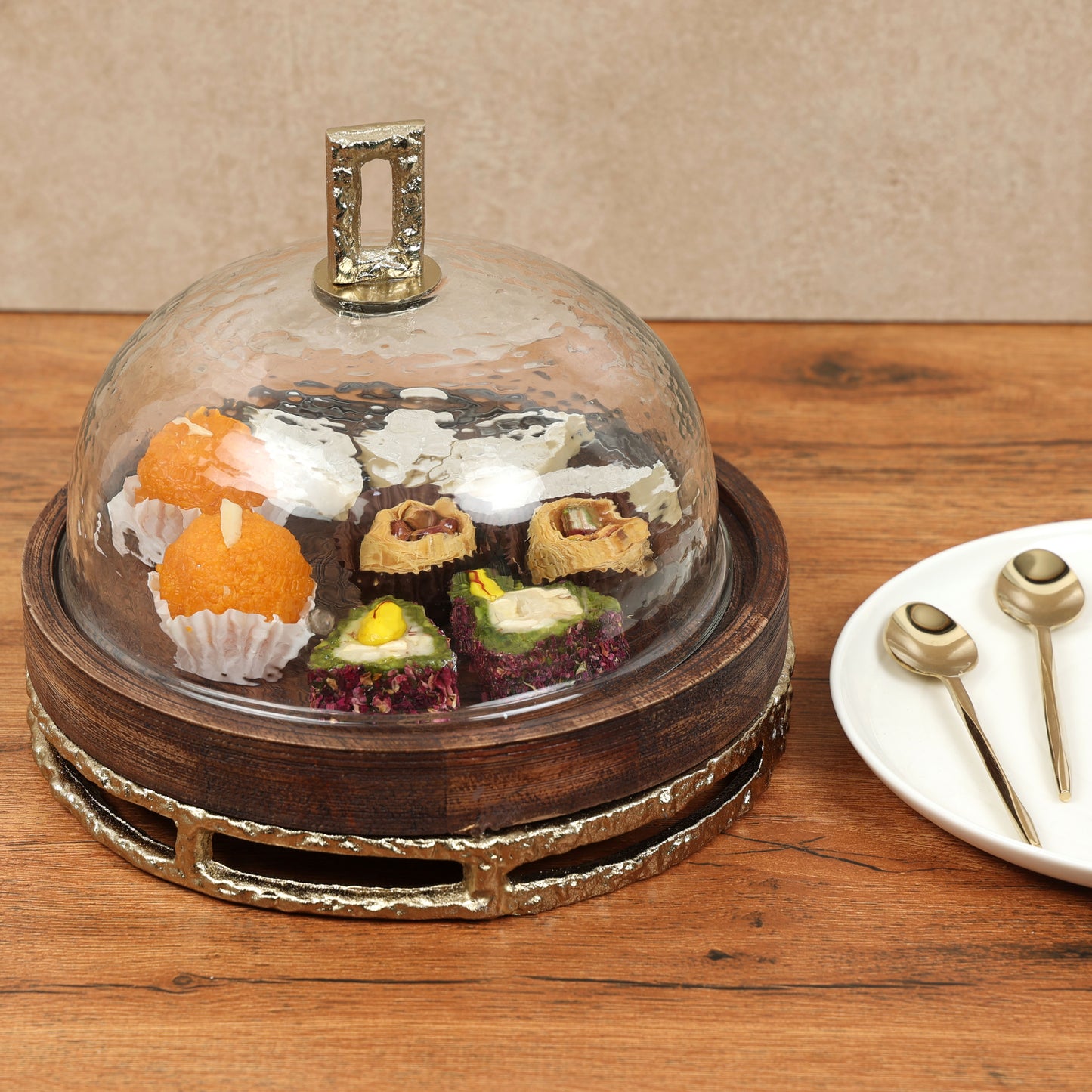 Wooden Cake Cloche with Glass Dome