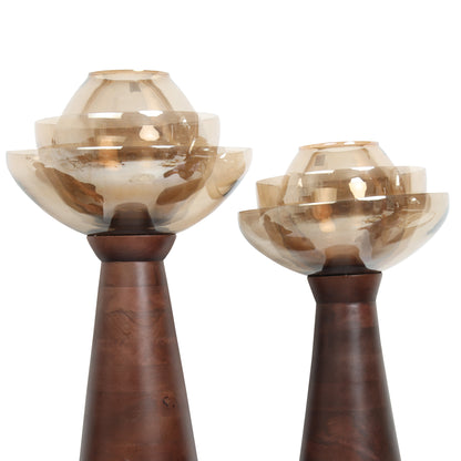 Wooden floor candle holder set