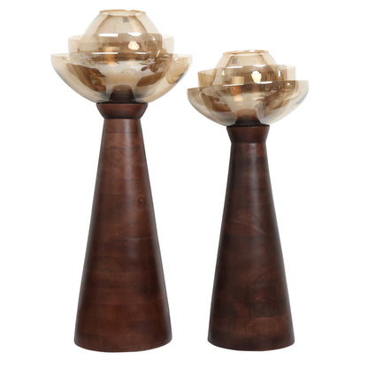 Wooden floor candle holder set