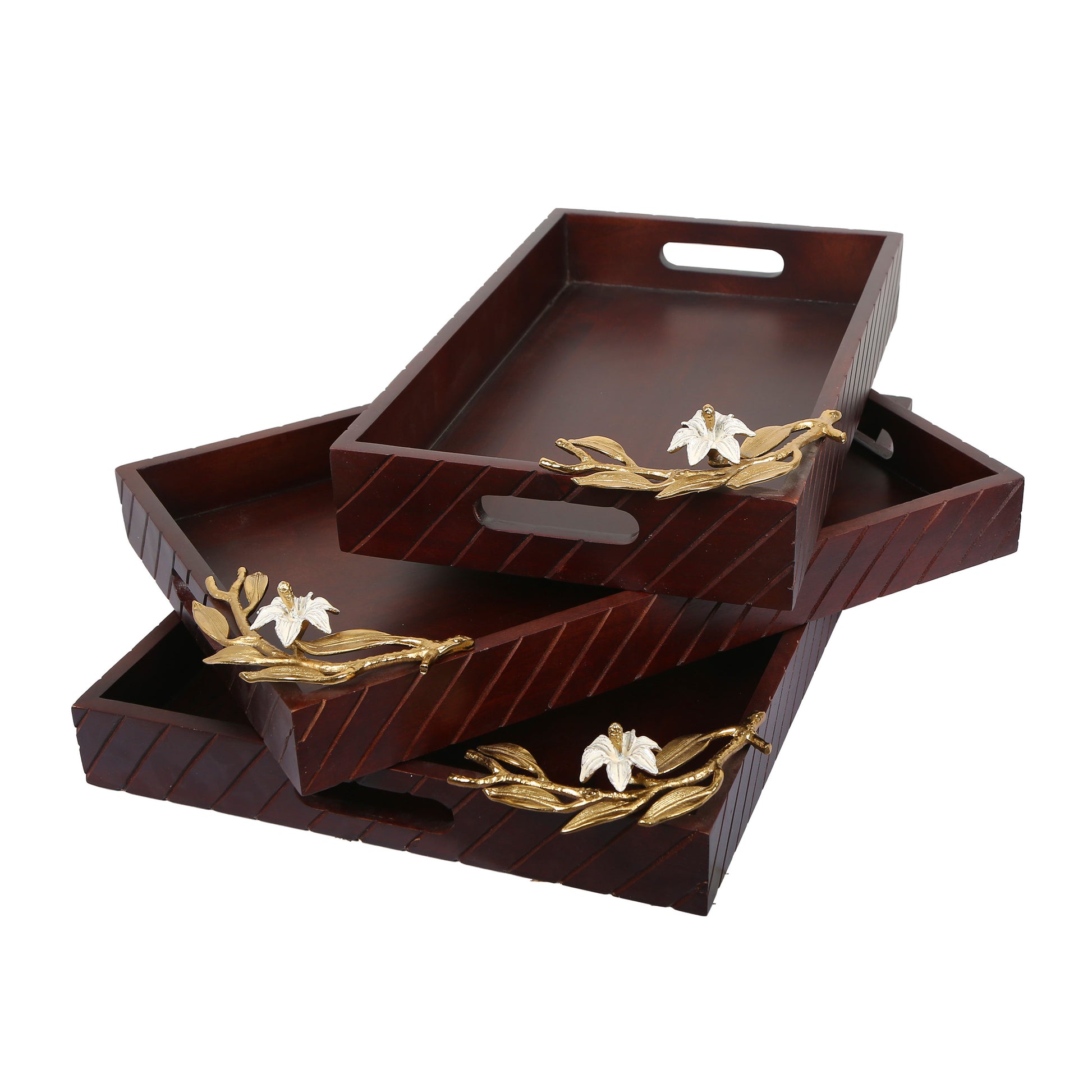  Lily Hand Made Wooden Tray Set Of 3 