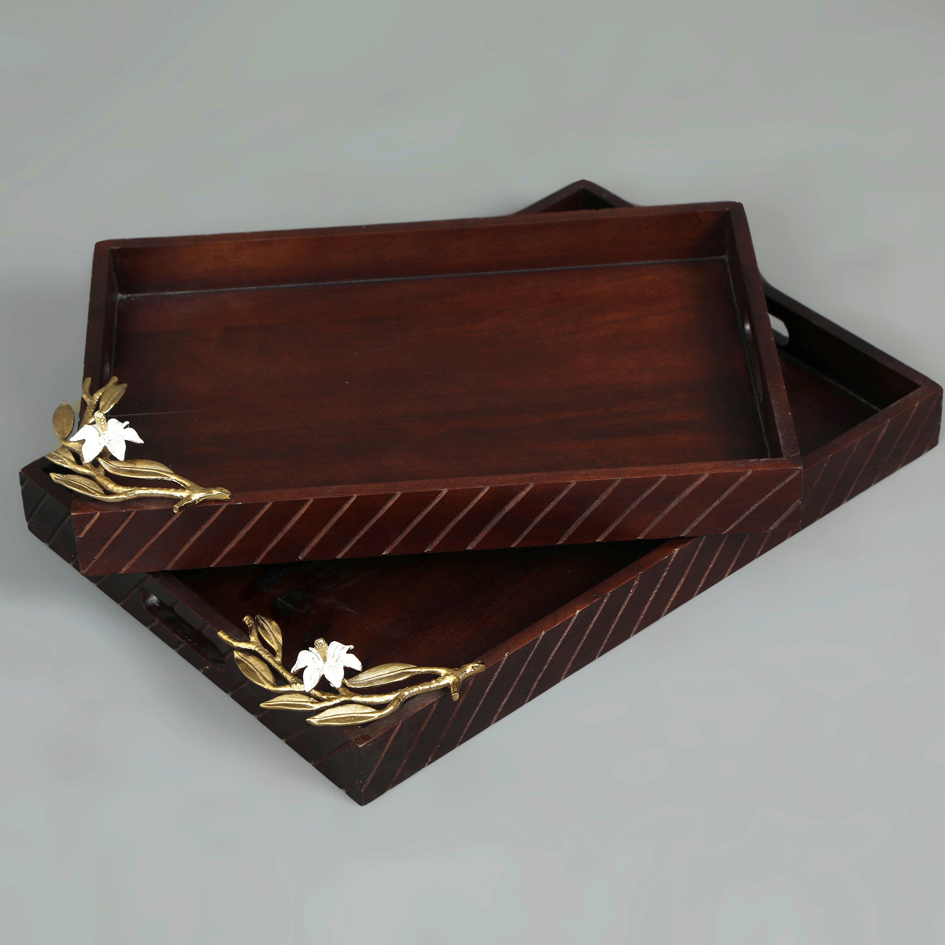  Lily Hand Made Wooden Tray Set Of 3 