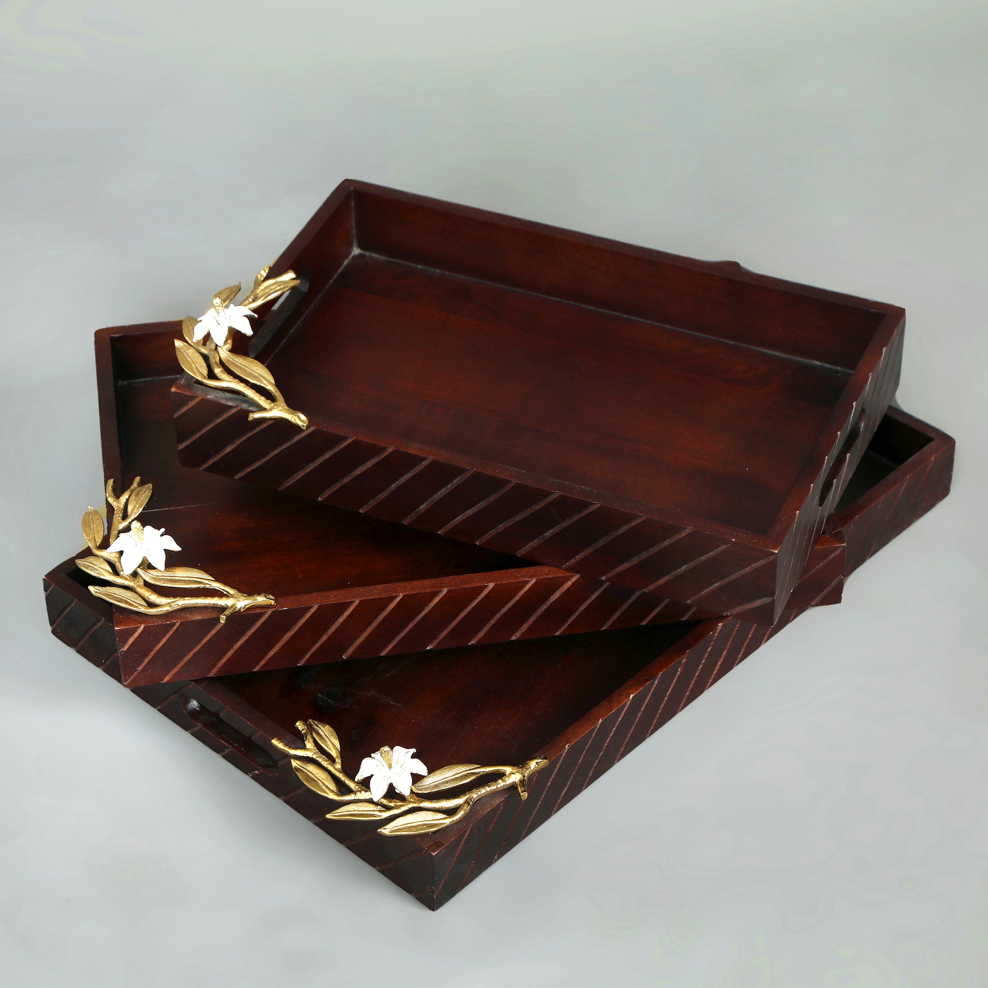  Lily Hand Made Wooden Tray Set Of 3 