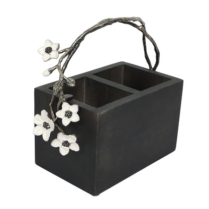 White floral grey wooden cutlery holder