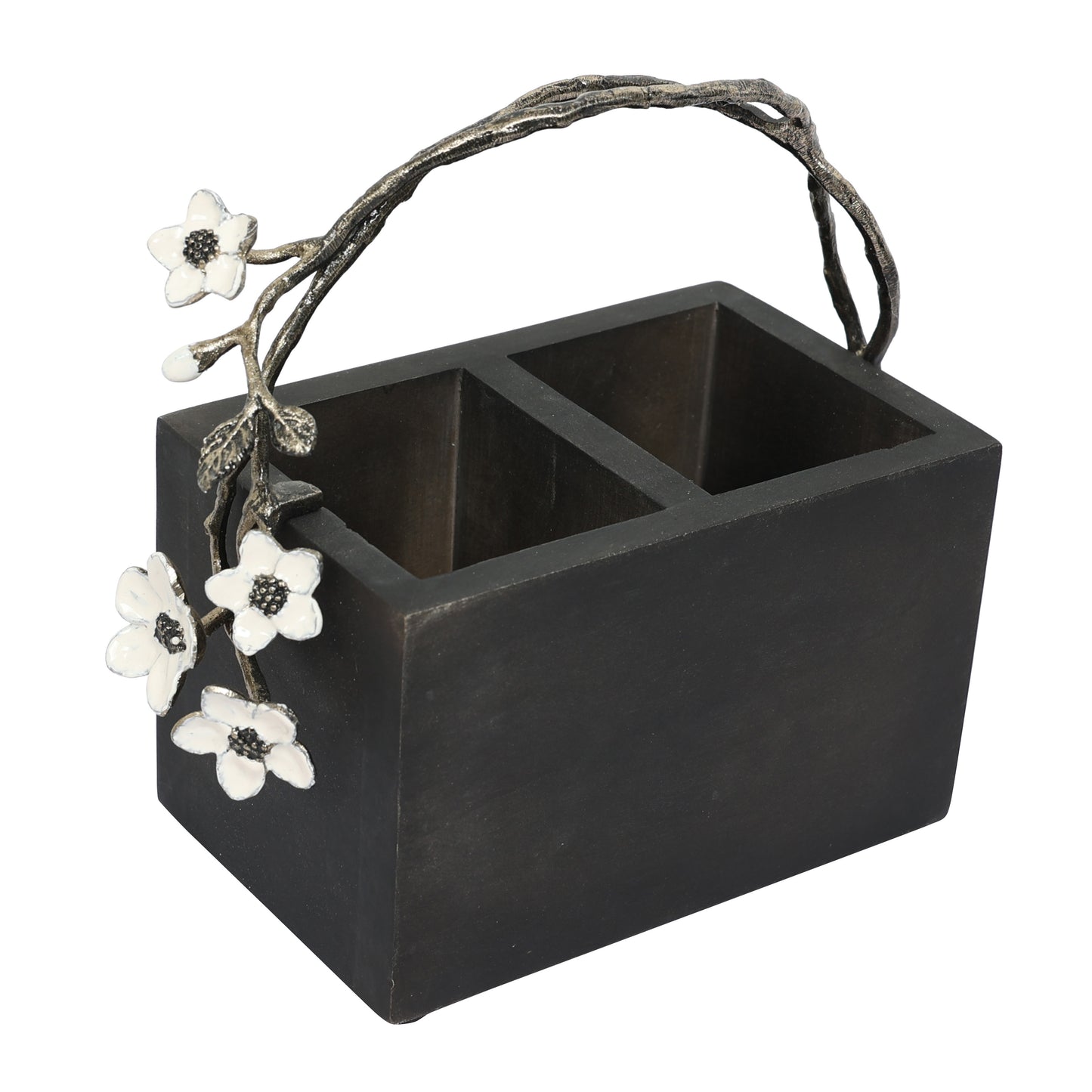 White floral grey wooden cutlery holder