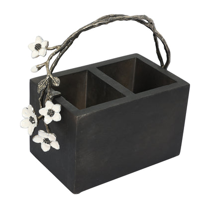 White floral grey wooden cutlery holder