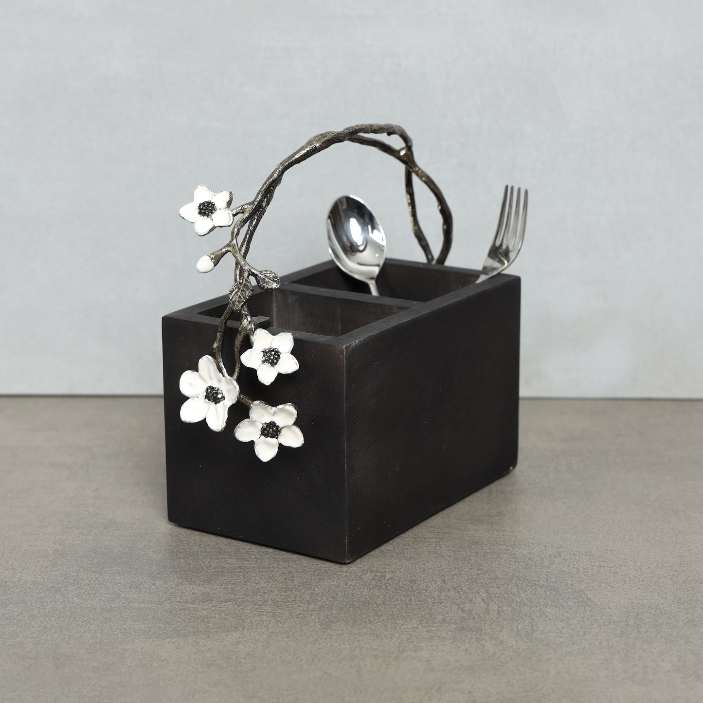 White floral grey wooden cutlery holder