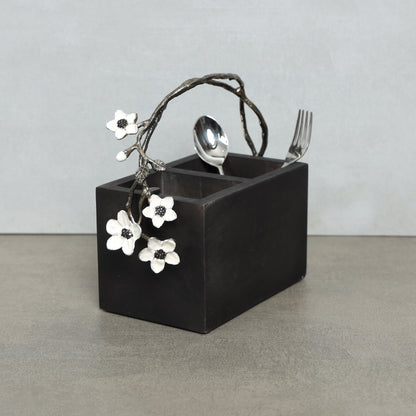 White floral grey wooden cutlery holder