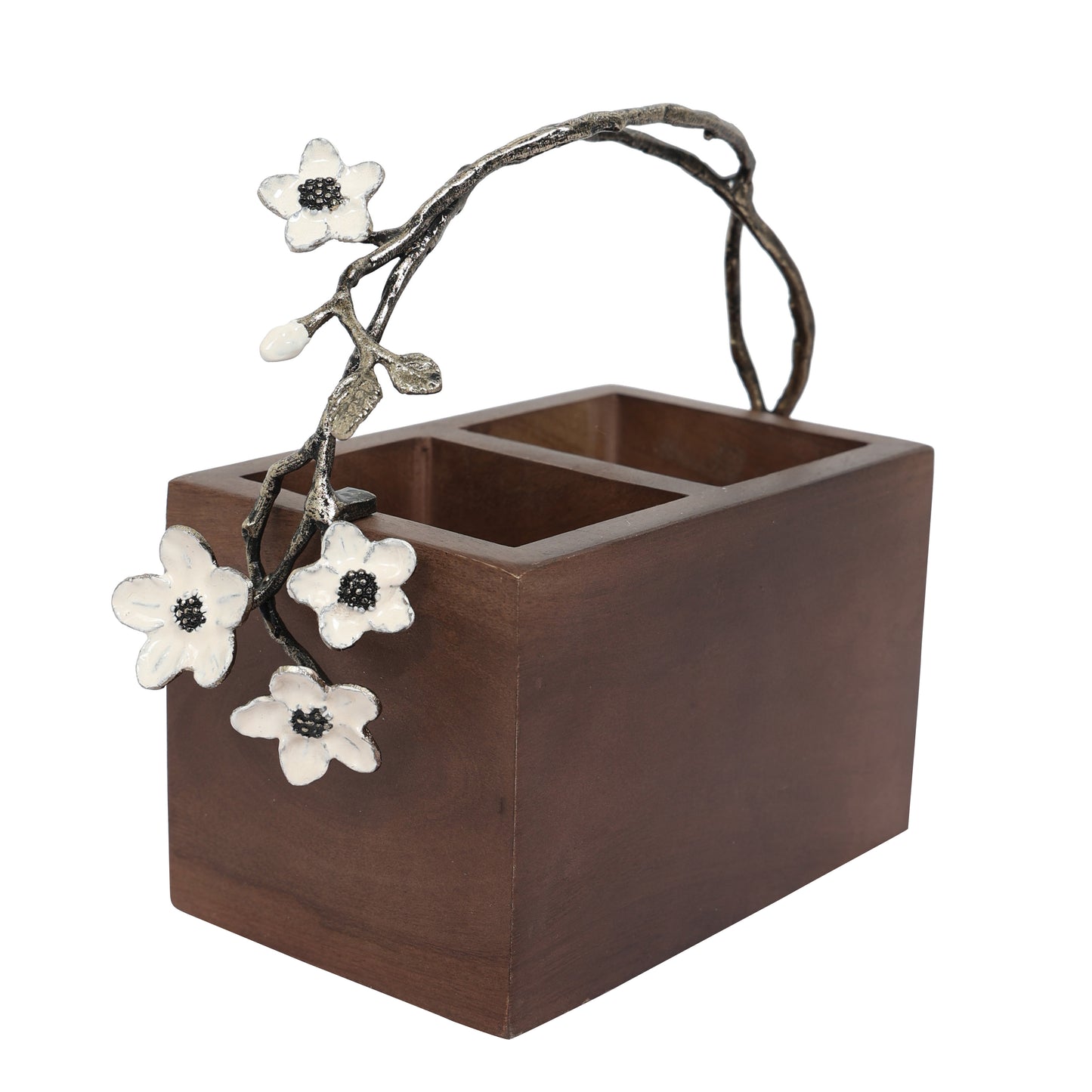 White floral wooden cutlery holder- walnut brown