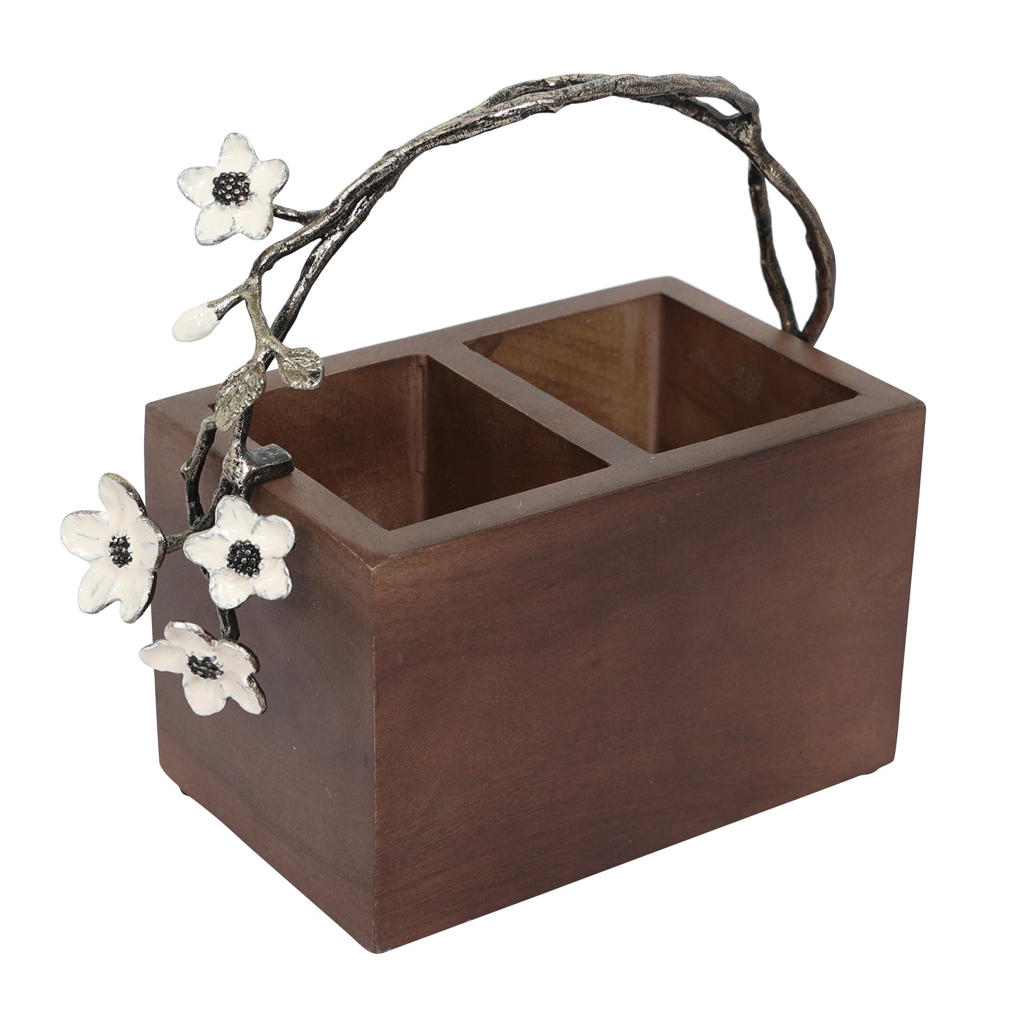 White floral wooden cutlery holder- walnut brown