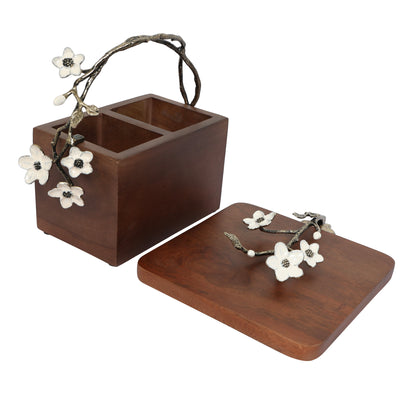 Wooden cutlery & enamel flower tissue holder set-brown