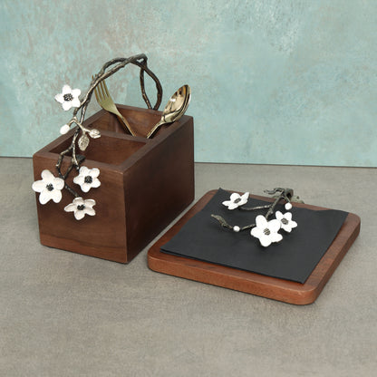 Wooden cutlery & enamel flower tissue holder set-brown
