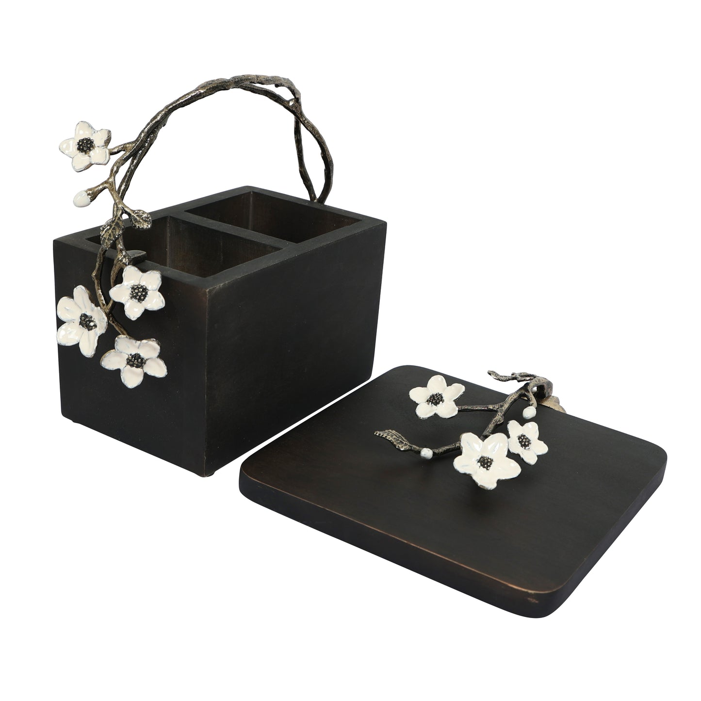 Wooden cutlery & enamel flower tissue holder set-grey