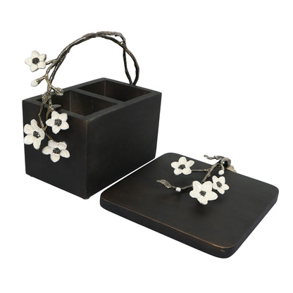 Wooden cutlery & enamel flower tissue holder set-grey