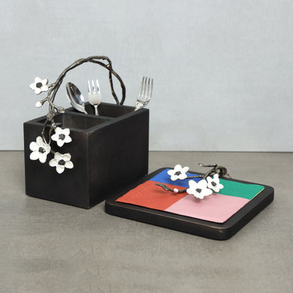 Wooden cutlery & enamel flower tissue holder set-grey