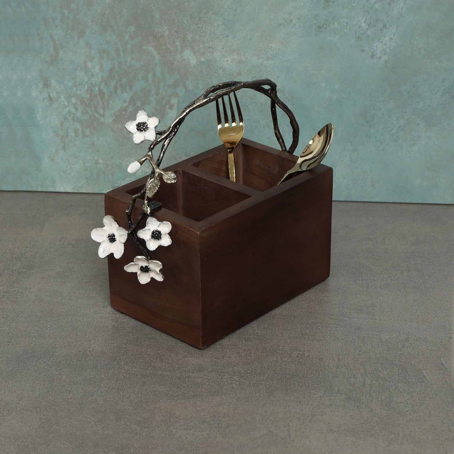 White floral wooden cutlery holder- walnut brown