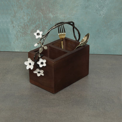 White floral wooden cutlery holder- walnut brown